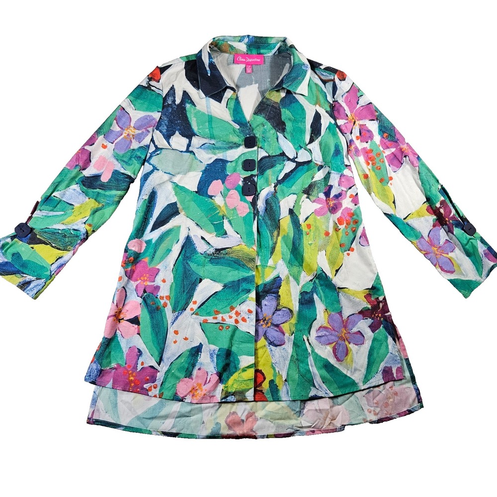 Claire Desjardins Abstract Floral Art to Wear Bamboo Lagenlook Tunic‎ Top Sz S